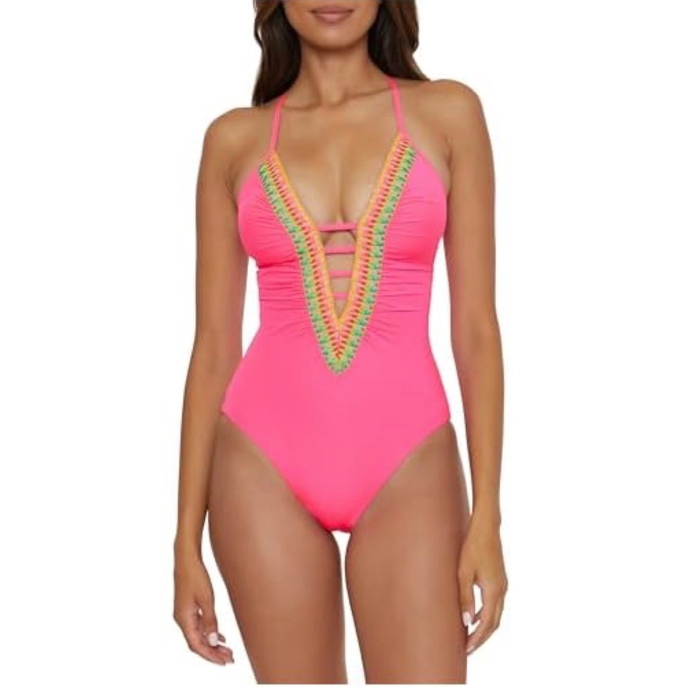 BECCA by Rebecca Virtue Show & Tell Plunge One Piece Swimsuit Pink Embroidered